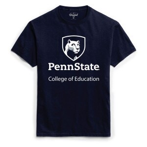 short sleeve navy t-shirt with Penn State College of Education below Lion Shield graphic